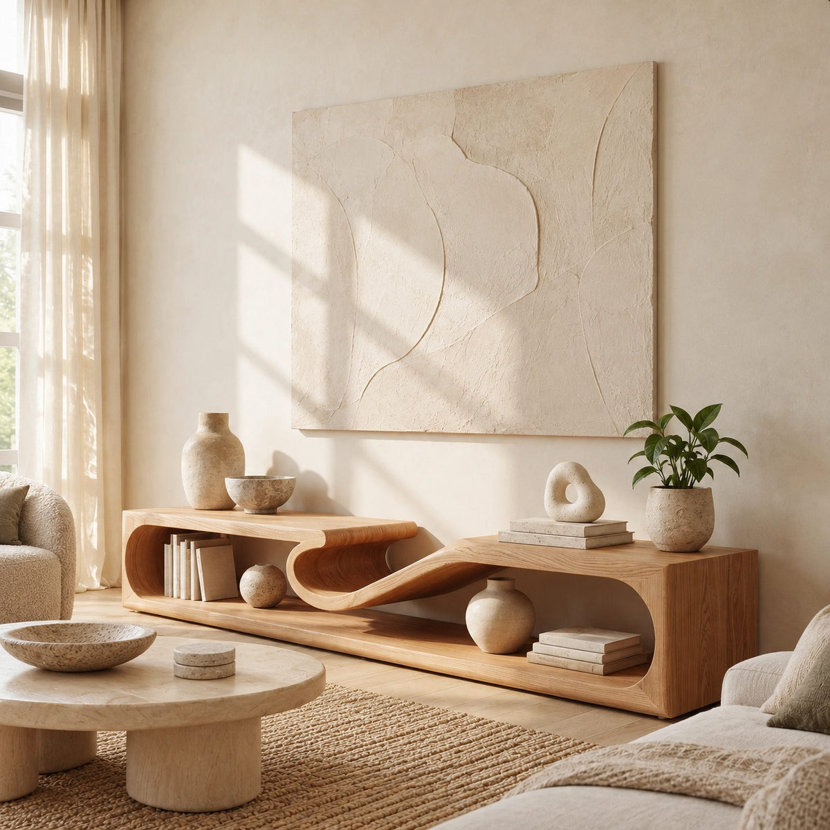 Contemporary Sculptural Wave Solid Wood TV Stand For Living Room