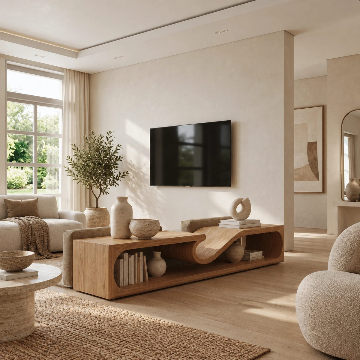 Contemporary Sculptural Wave Solid Wood TV Stand For Living Room