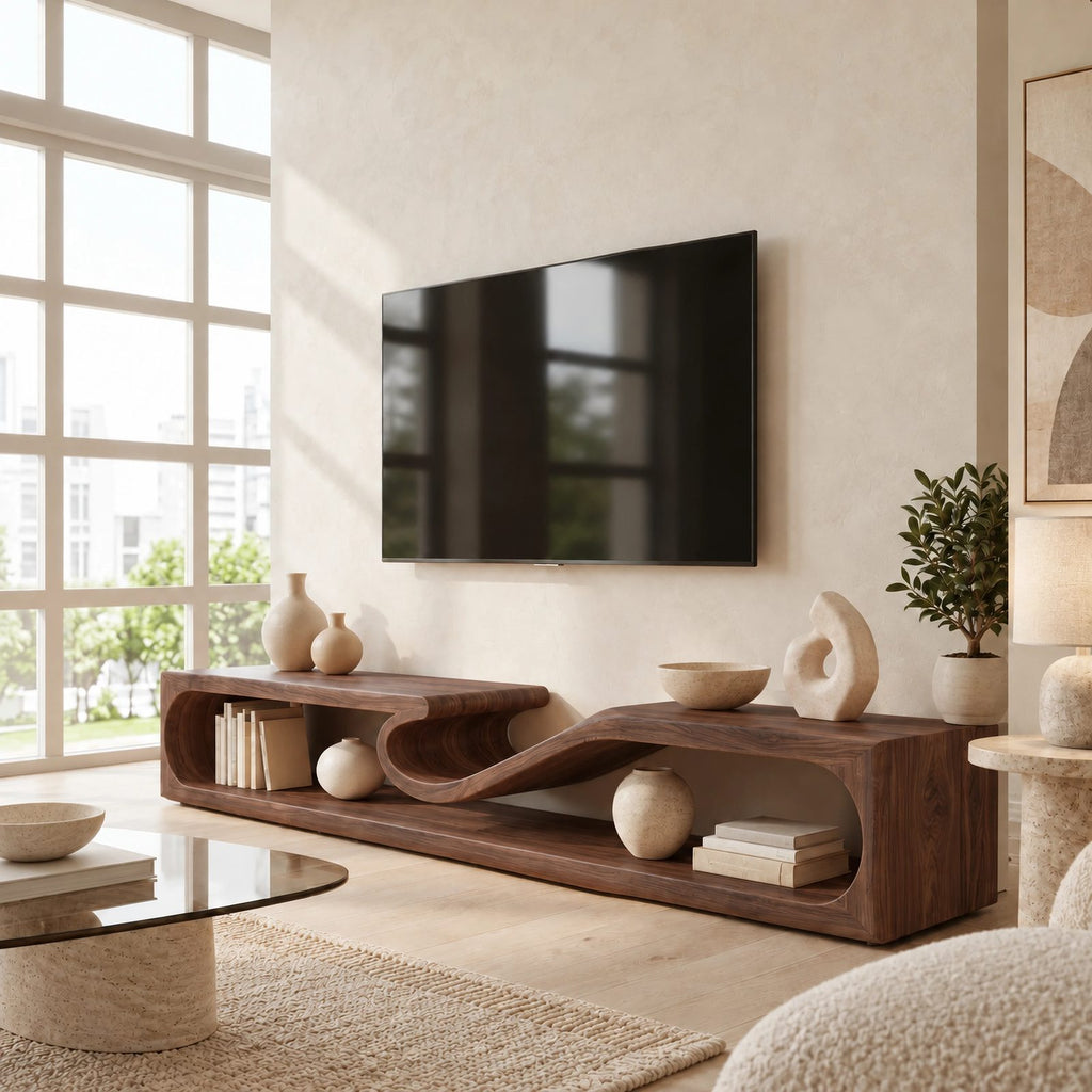 Contemporary Sculptural Wave Solid Wood TV Stand For Living Room