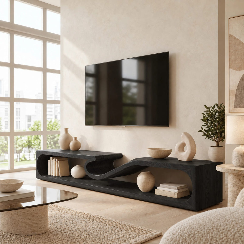 Contemporary Sculptural Wave Solid Wood TV Stand For Living Room