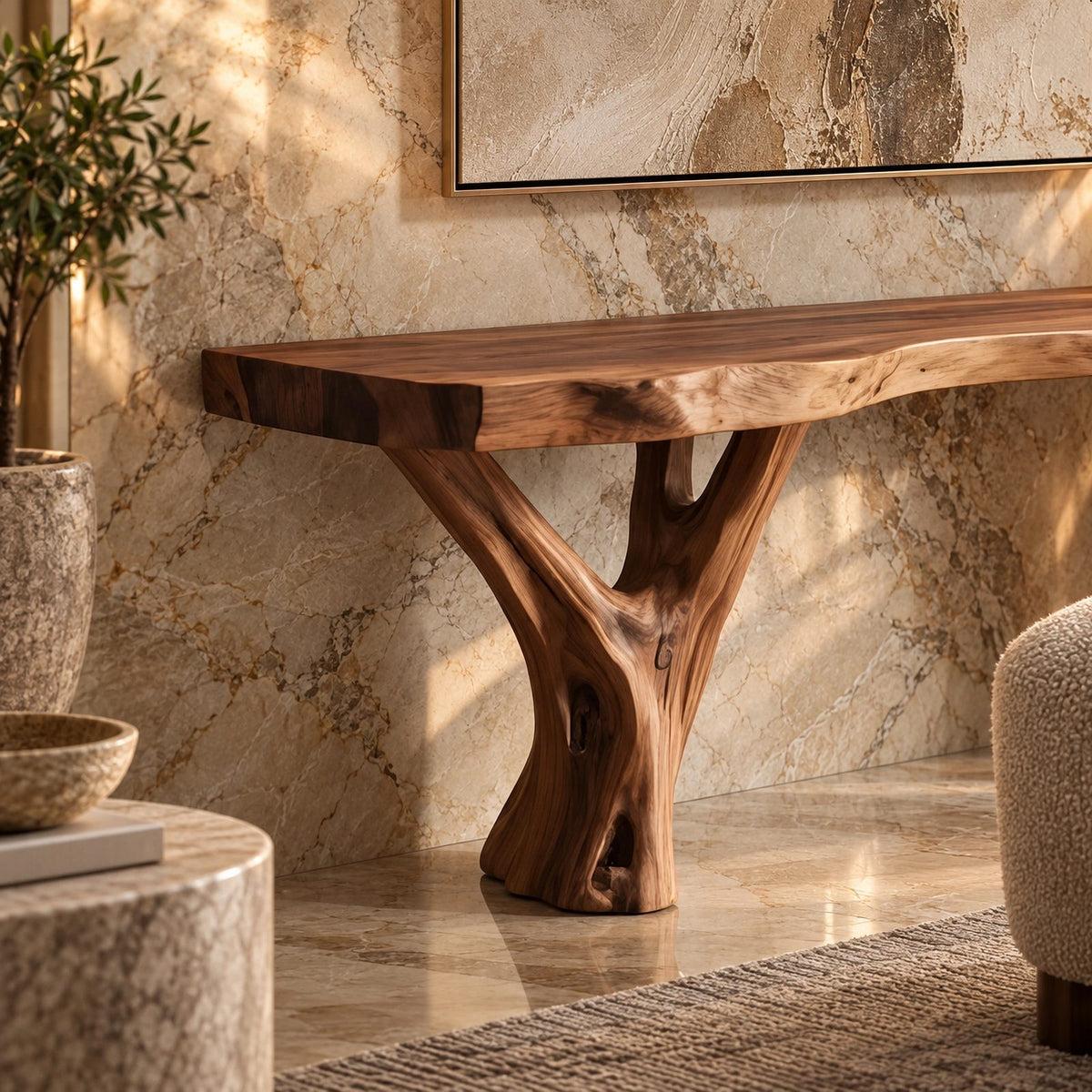 Organic Live Edge TV Stand With Branch Leg Base For Living Room