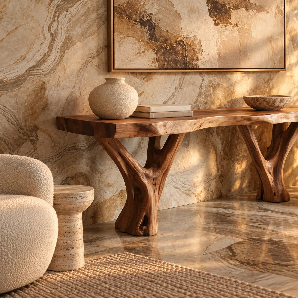 Organic Live Edge TV Stand With Branch Leg Base For Living Room
