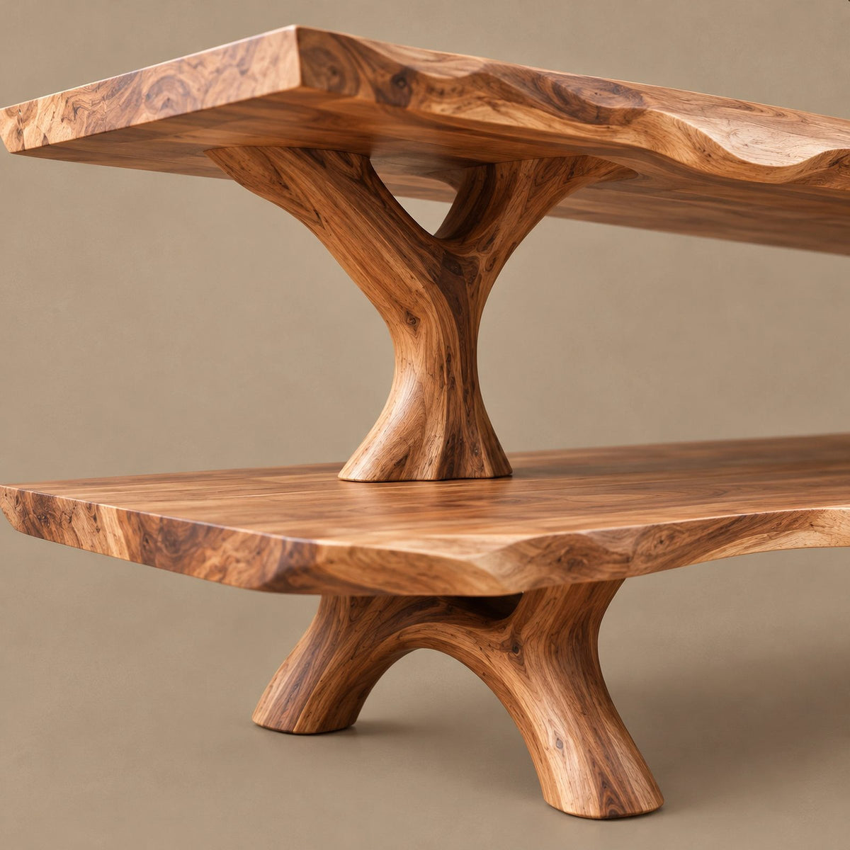 Rustic Live Edge TV Stand With Two Tier Branch Base For Living Room