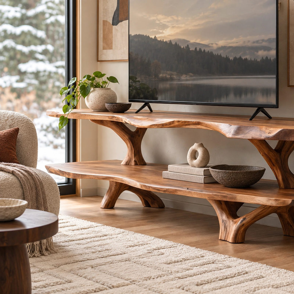 Rustic Live Edge TV Stand With Two Tier Branch Base For Living Room