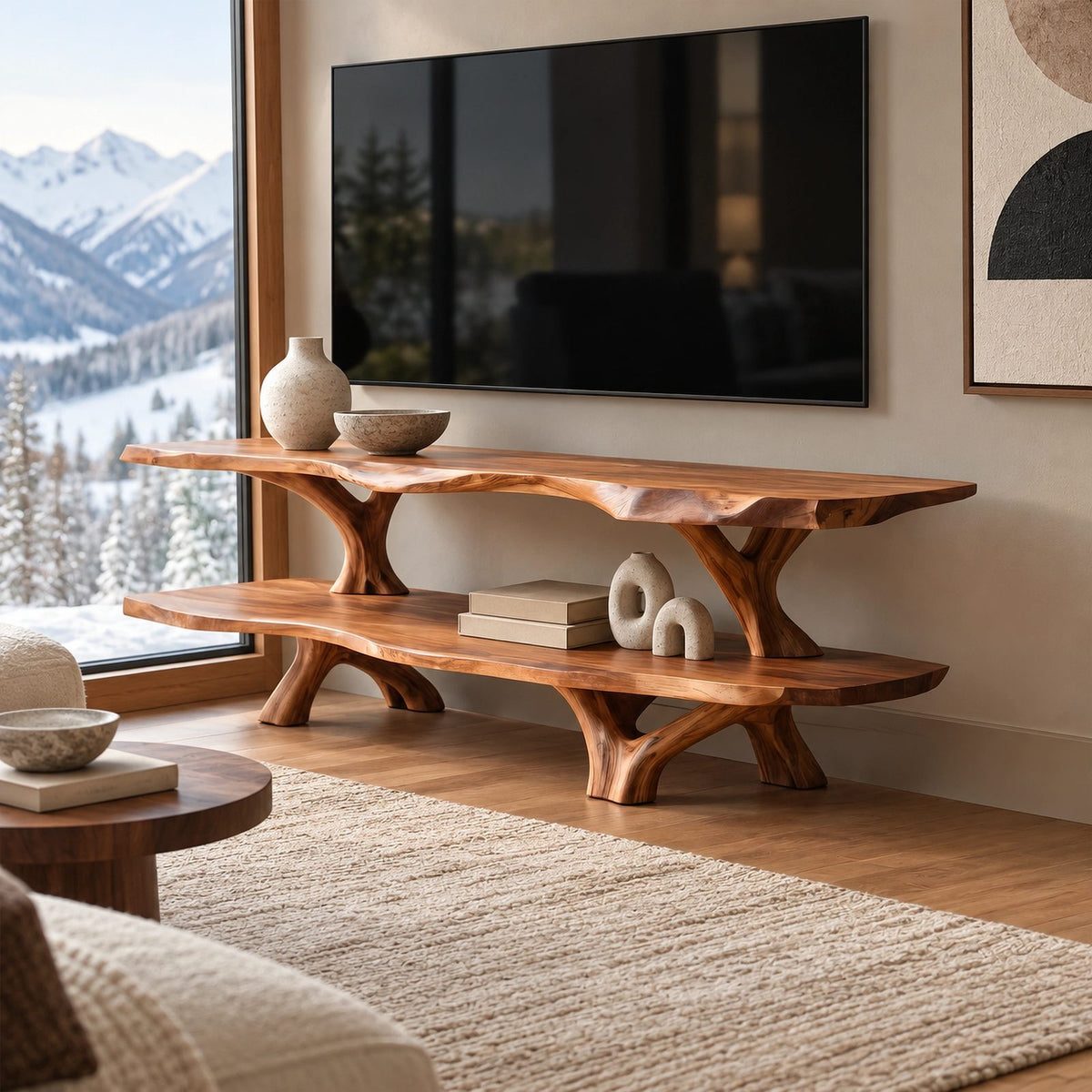 Rustic Live Edge TV Stand With Two Tier Branch Base For Living Room