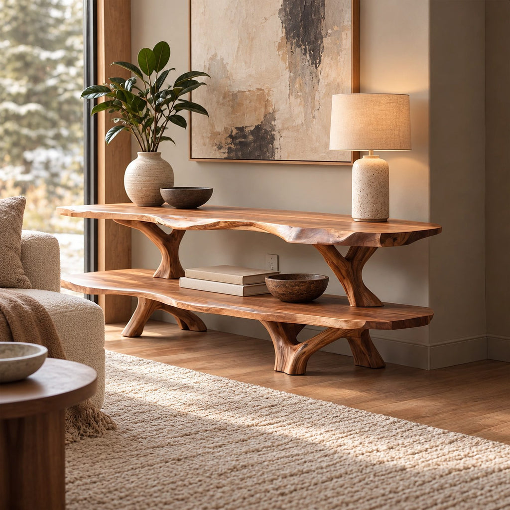 Rustic Live Edge TV Stand With Two Tier Branch Base For Living Room