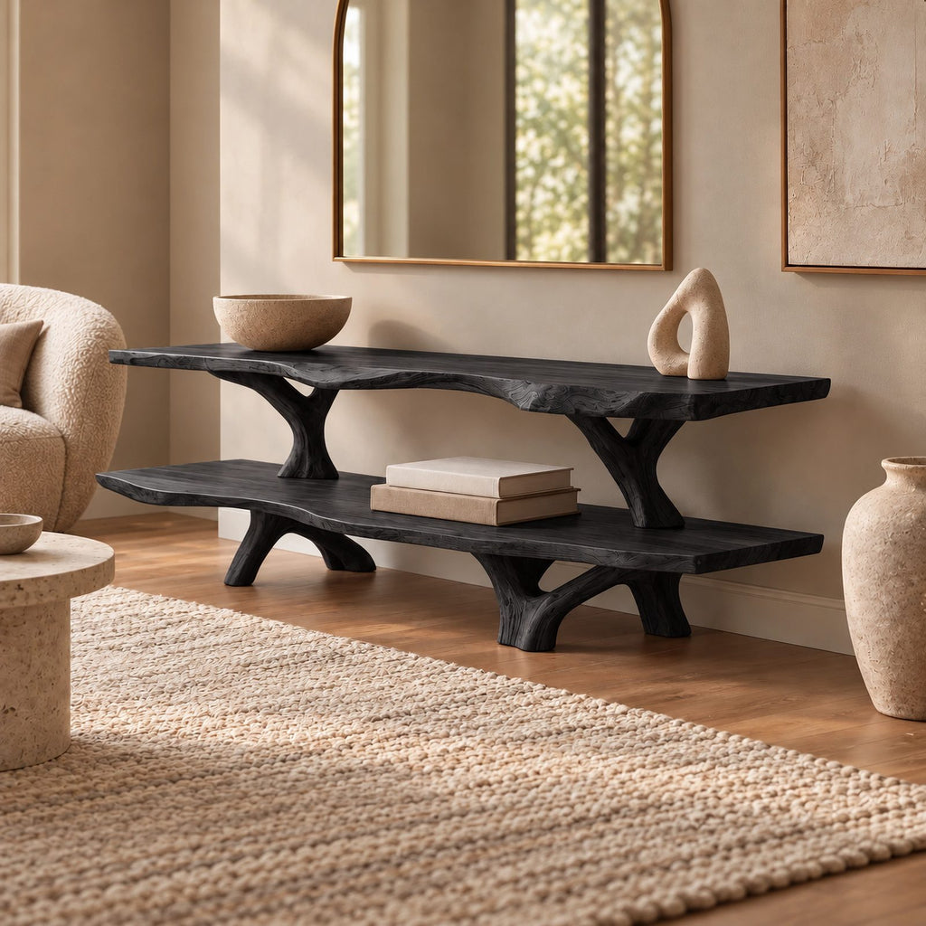 Rustic Live Edge TV Stand With Two Tier Branch Base For Living Room