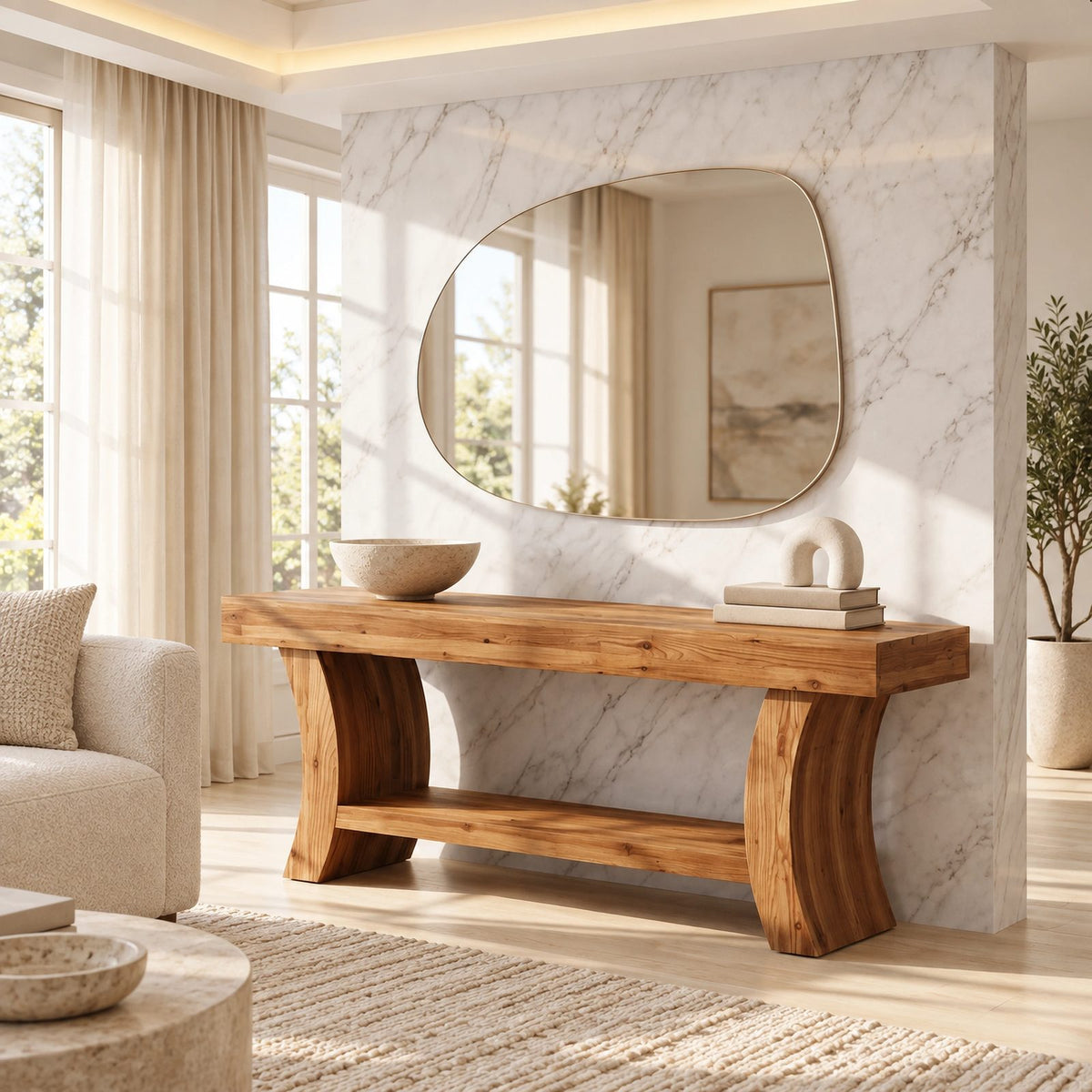 Sculptural Live Edge TV Stand With Curved Leg Base For Living Room