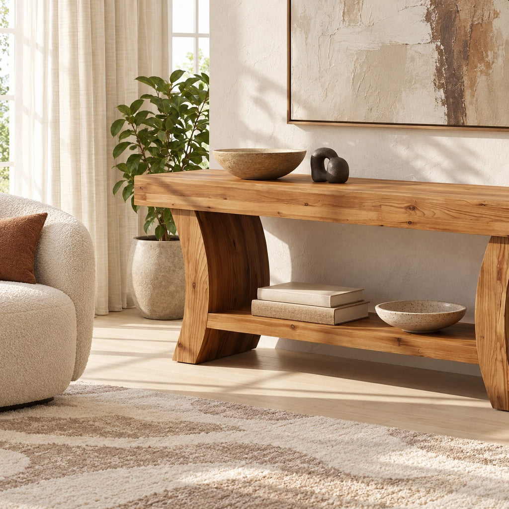 Sculptural Live Edge TV Stand With Curved Leg Base For Living Room