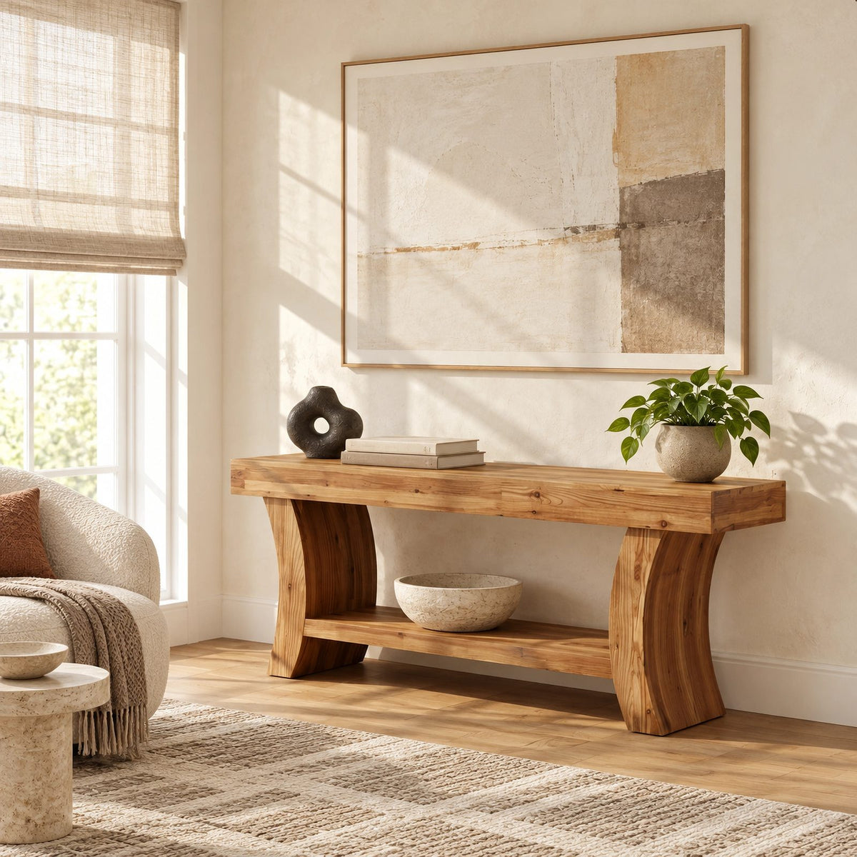 Sculptural Live Edge TV Stand With Curved Leg Base For Living Room