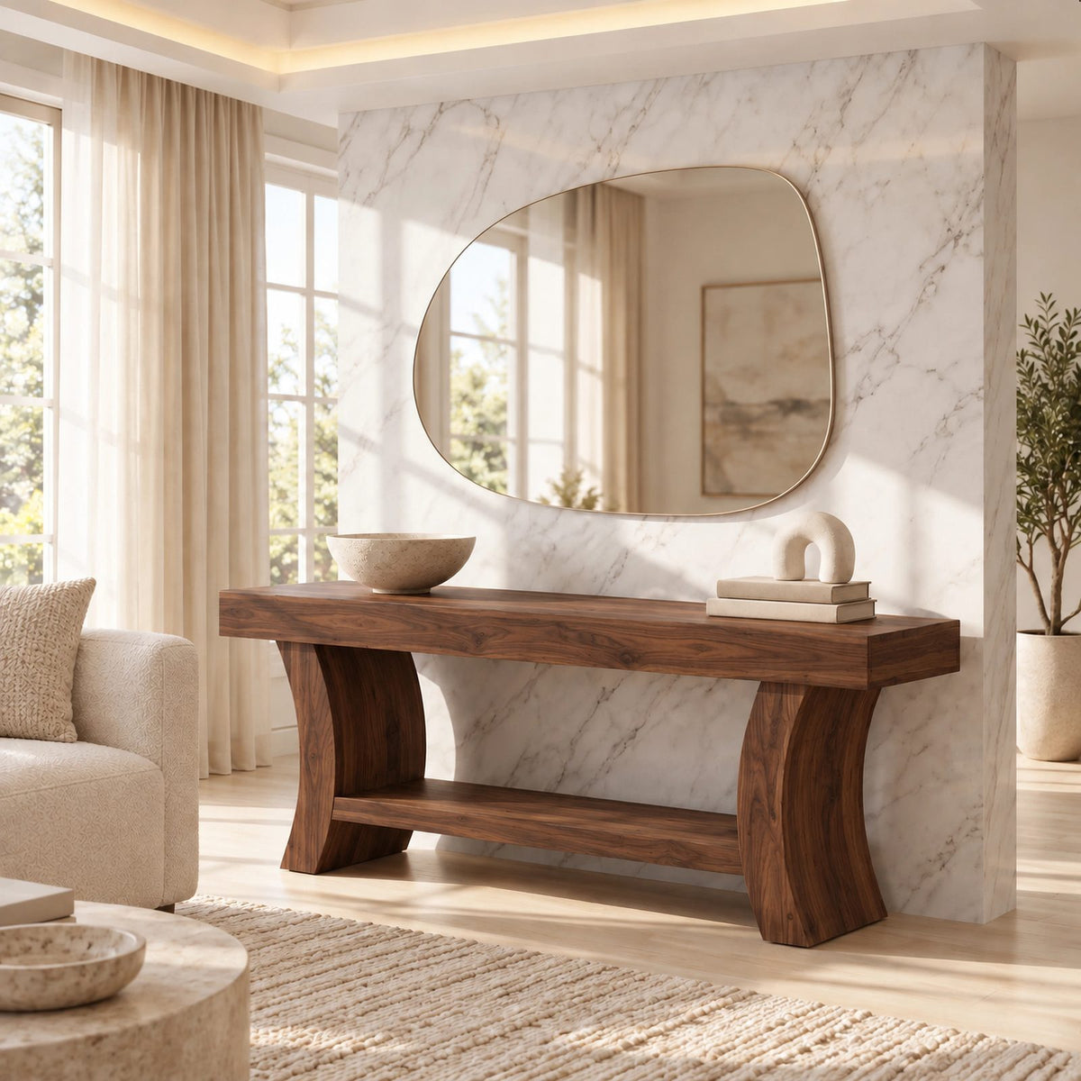 Sculptural Live Edge TV Stand With Curved Leg Base For Living Room