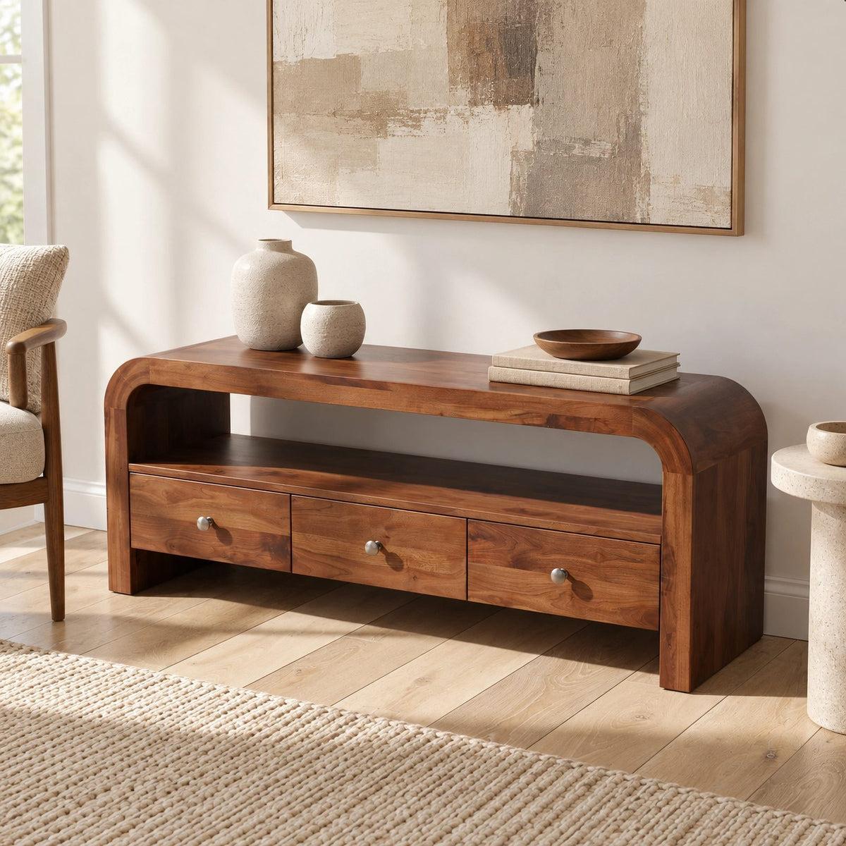 Contemporary Curved Wood TV Stand With 3 Drawers For Living Room