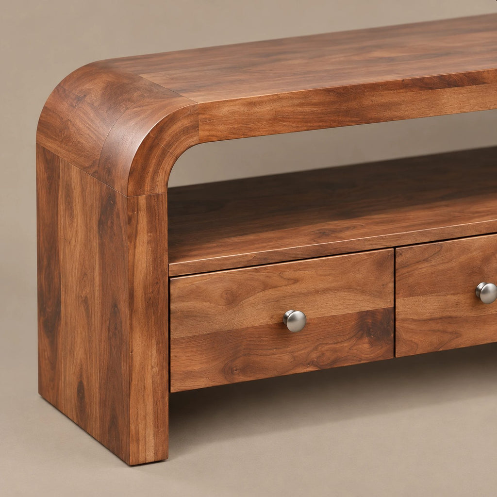 Contemporary Curved Wood TV Stand With 3 Drawers For Living Room