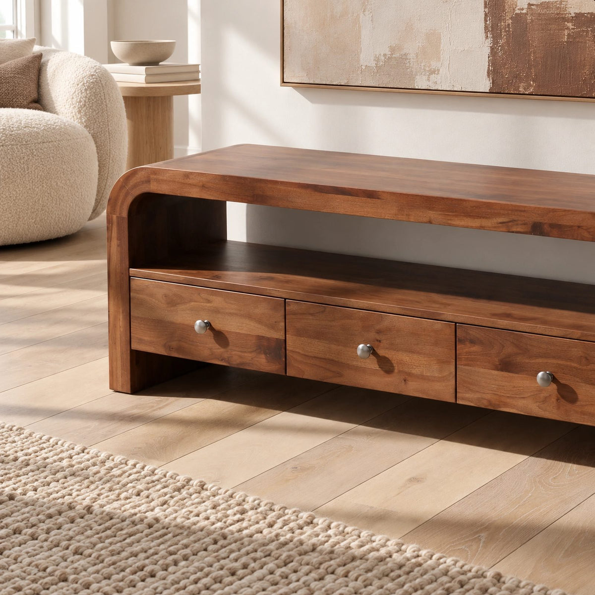 Contemporary Curved Wood TV Stand With 3 Drawers For Living Room