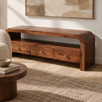 Contemporary Curved Wood TV Stand With 3 Drawers For Living Room
