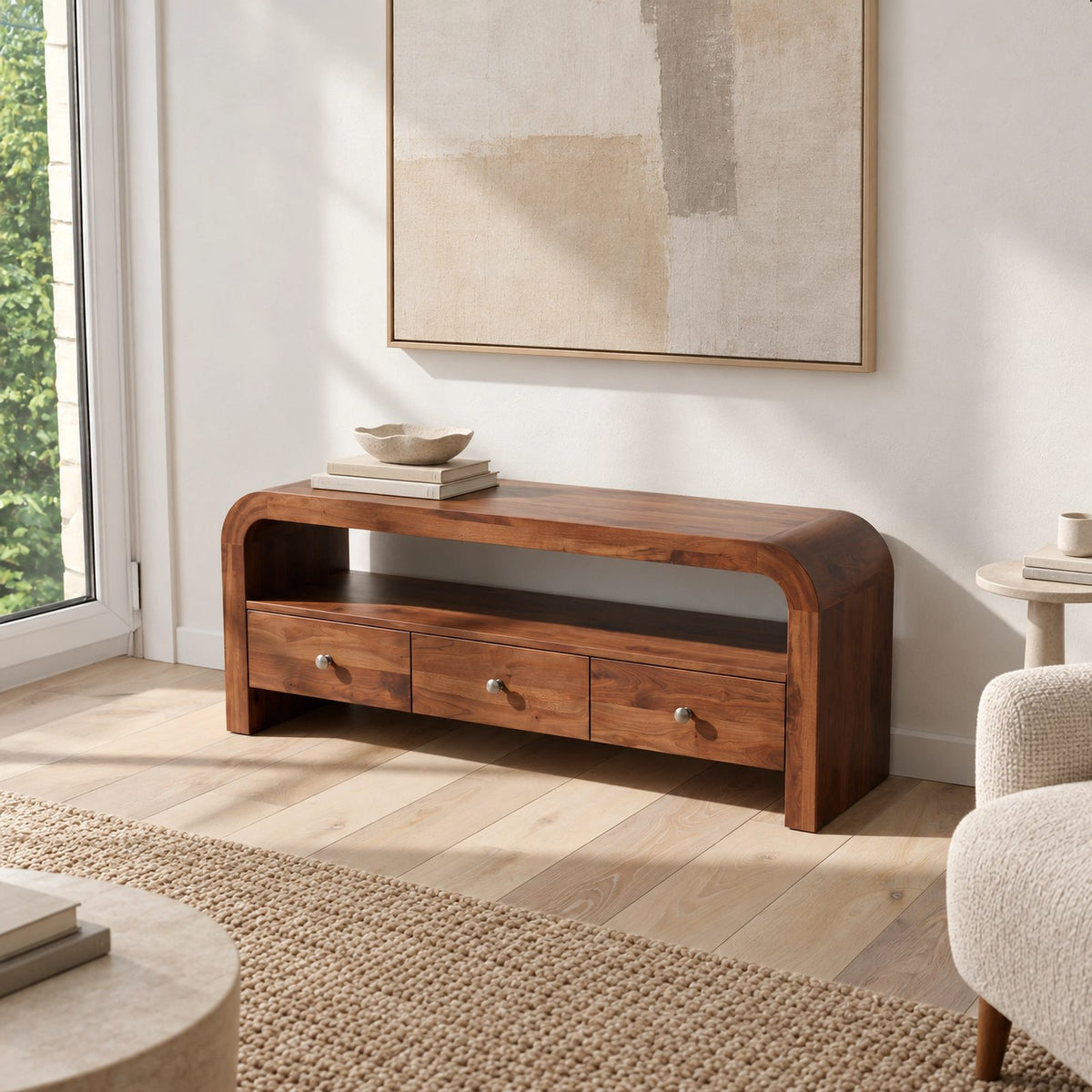 Contemporary Curved Wood TV Stand With 3 Drawers For Living Room
