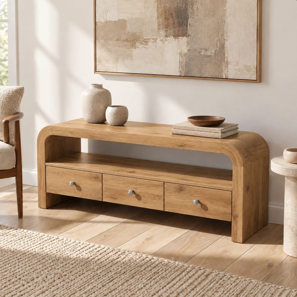 Contemporary Curved Wood TV Stand With 3 Drawers For Living Room
