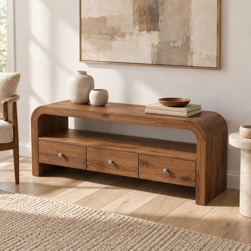 Contemporary Curved Wood TV Stand With 3 Drawers For Living Room
