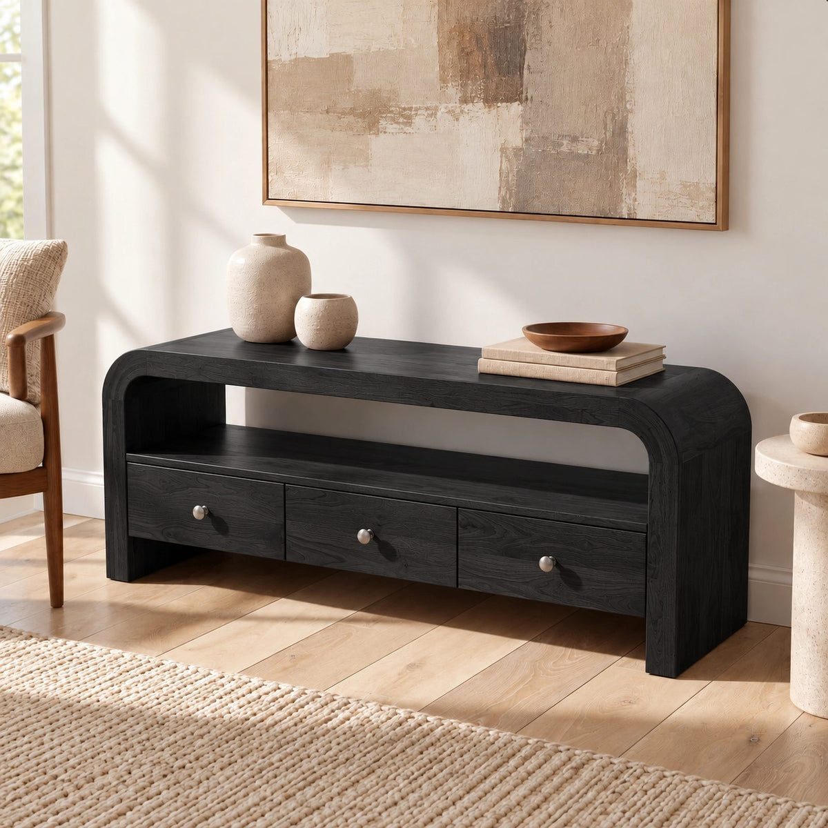 Contemporary Curved Wood TV Stand With 3 Drawers For Living Room