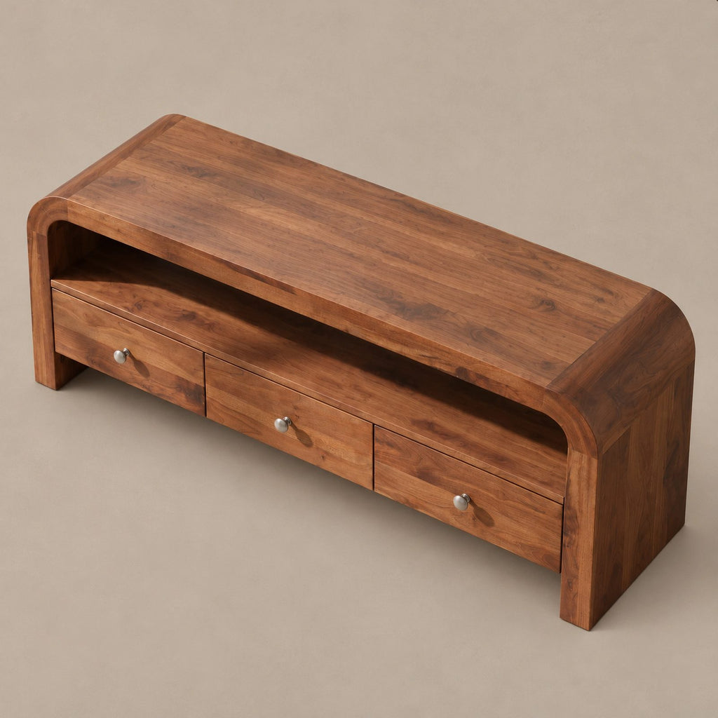 Contemporary Curved Wood TV Stand With 3 Drawers For Living Room