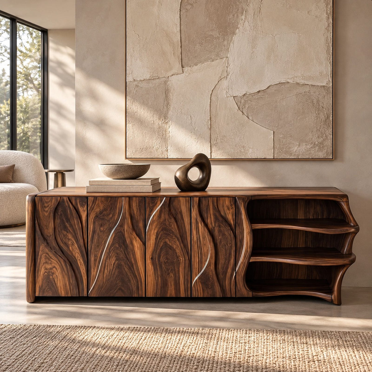 Mid Century Sideboard With Sculptural Flared Silhouette For Living Room