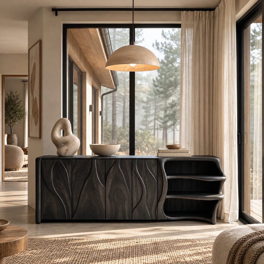 Mid Century Sideboard With Sculptural Flared Silhouette For Living Room