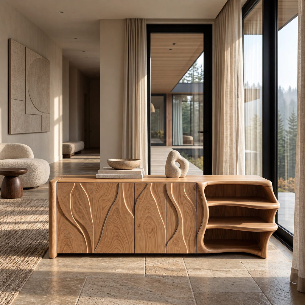Mid Century Sideboard With Sculptural Flared Silhouette For Living Room