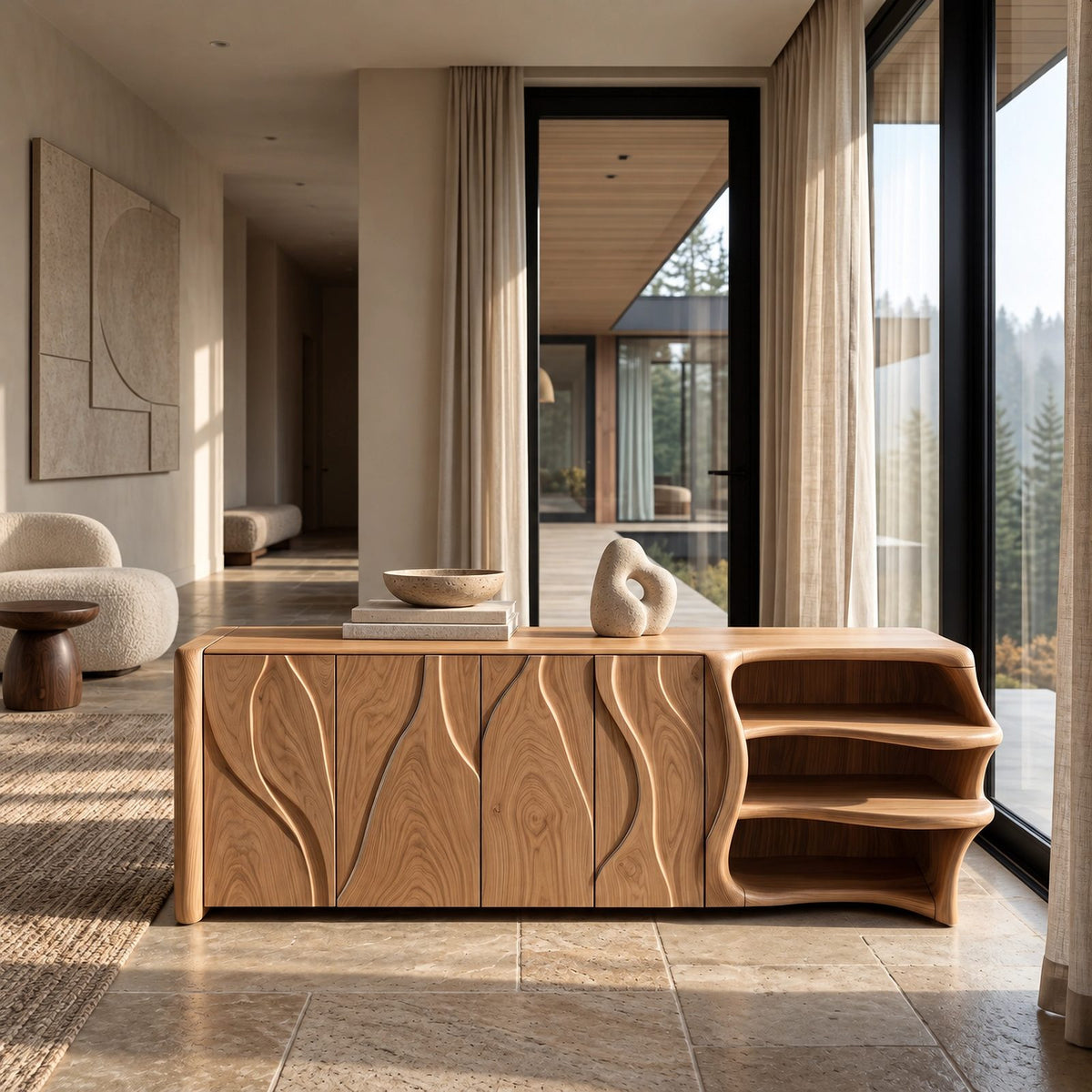 Mid Century Sideboard With Sculptural Flared Silhouette For Living Room