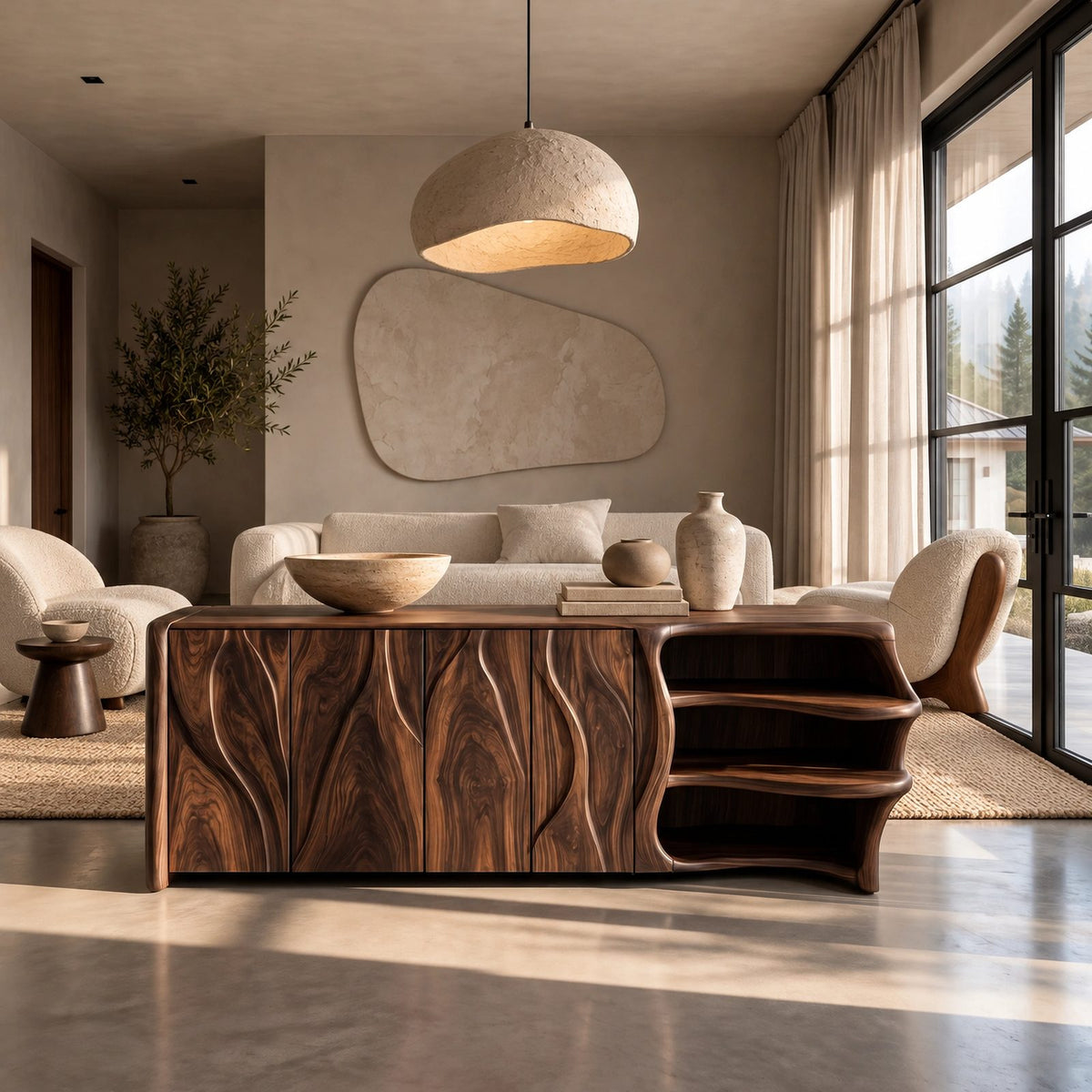 Mid Century Sideboard With Sculptural Flared Silhouette For Living Room