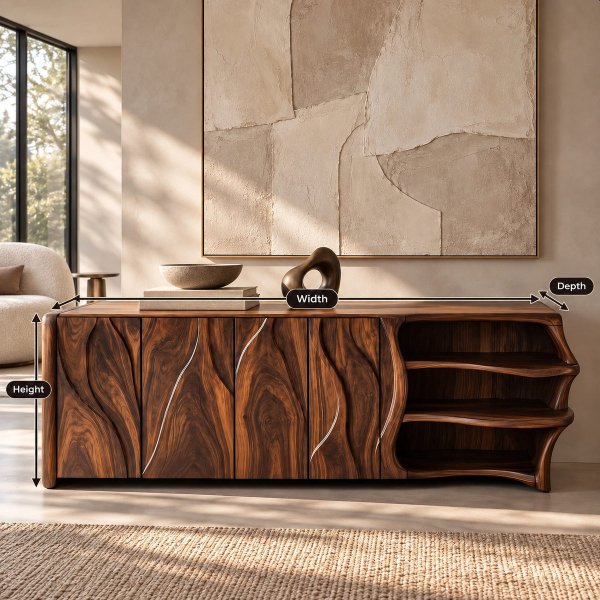 Mid Century Sideboard With Sculptural Flared Silhouette For Living Room