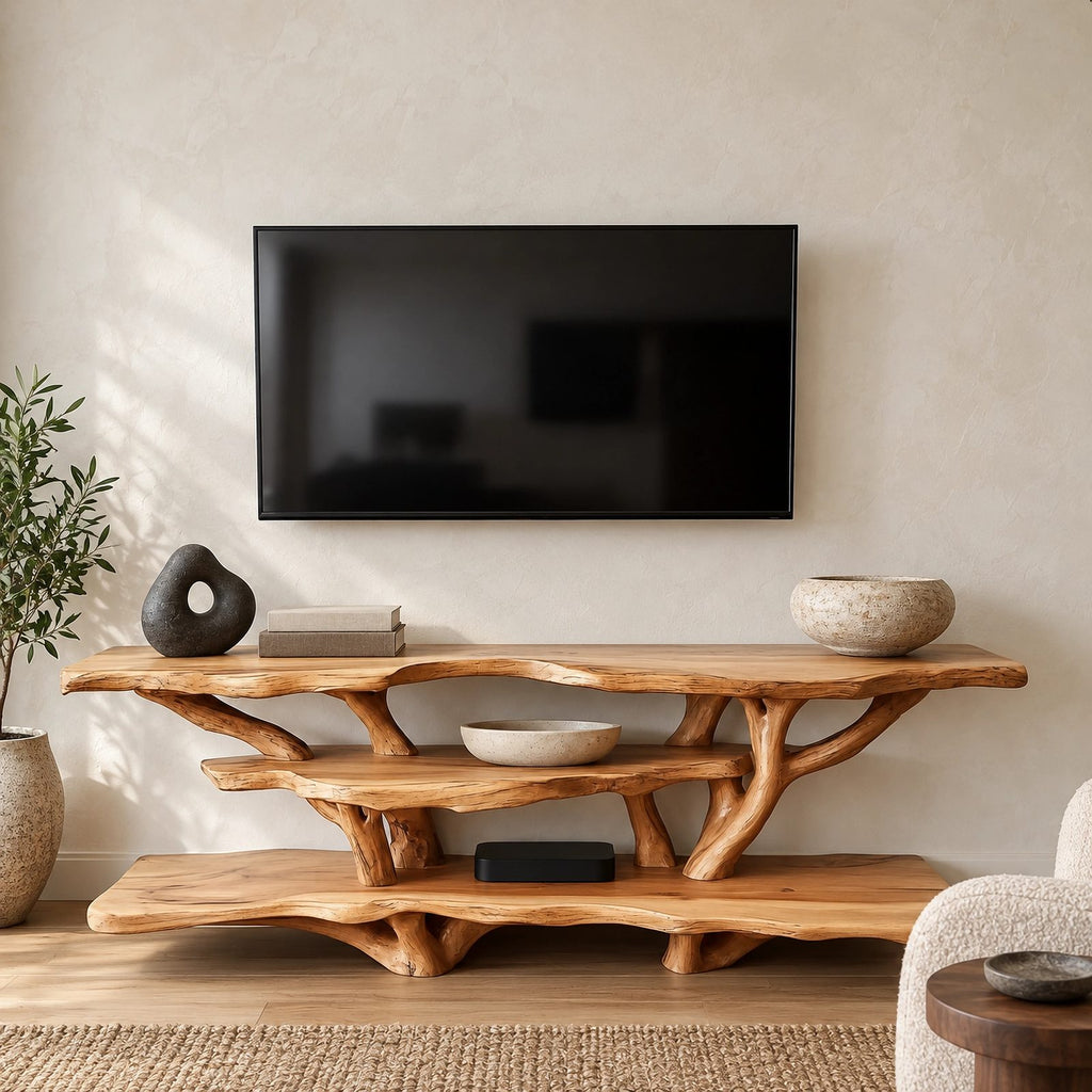Sculptural Tree Branch TV Console With Open Shelf For Living Room