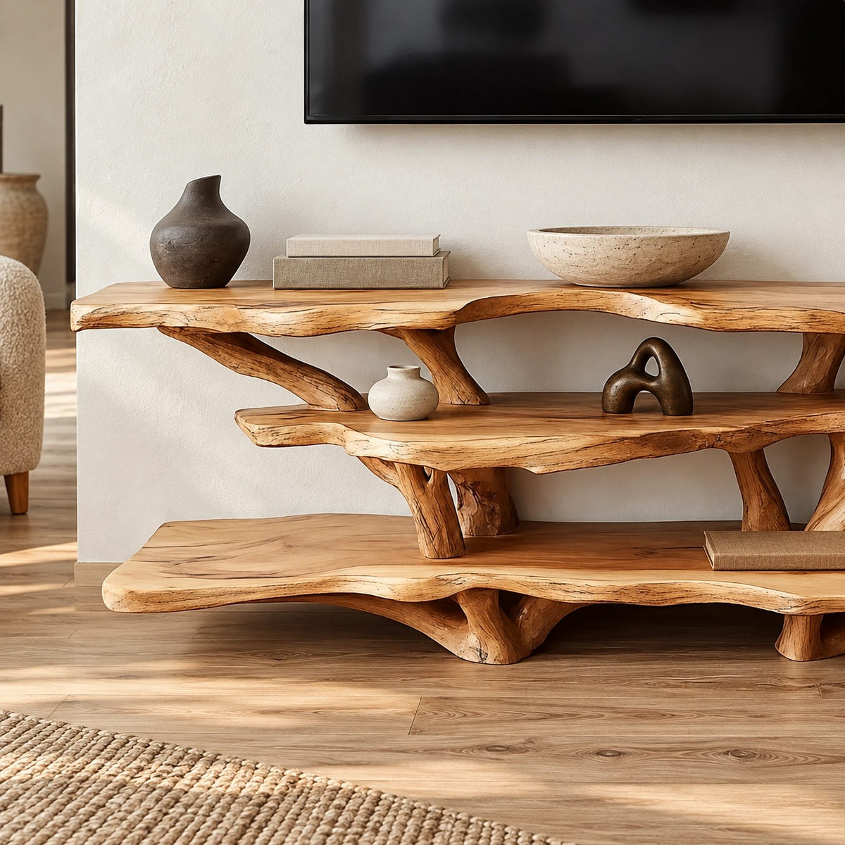 Sculptural Tree Branch TV Console With Open Shelf For Living Room