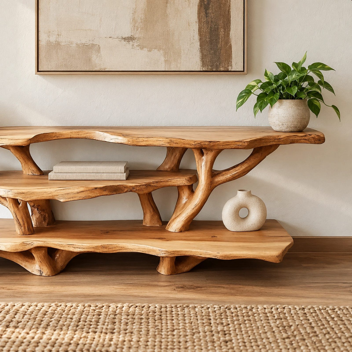 Sculptural Tree Branch TV Console With Open Shelf For Living Room