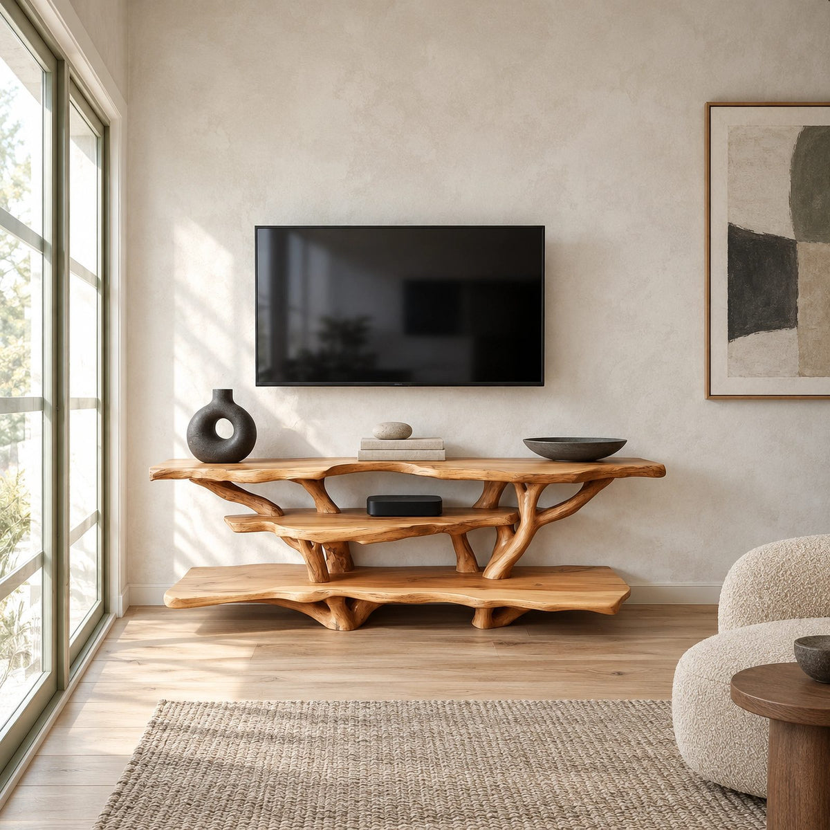 Sculptural Tree Branch TV Console With Open Shelf For Living Room