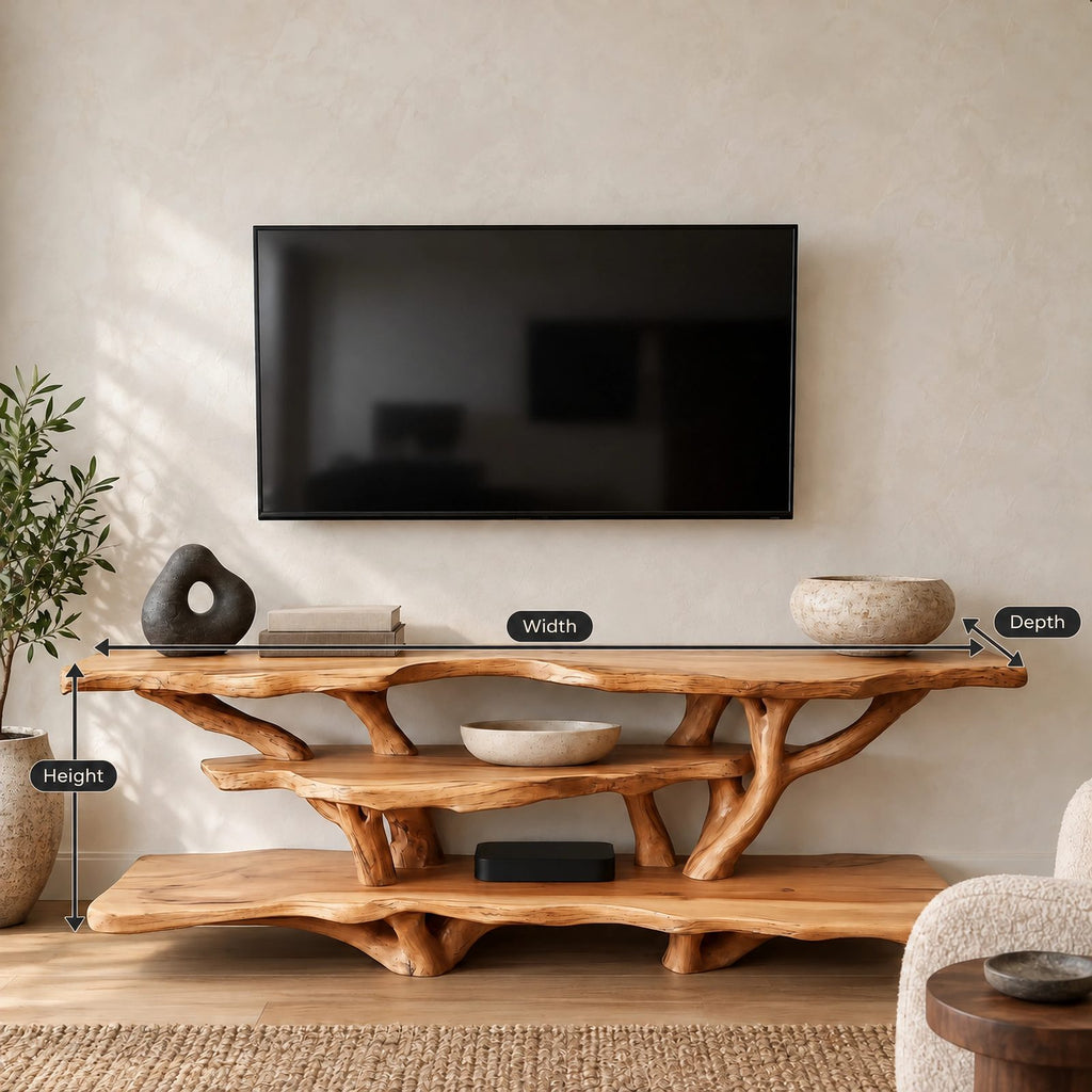Sculptural Tree Branch TV Console With Open Shelf For Living Room