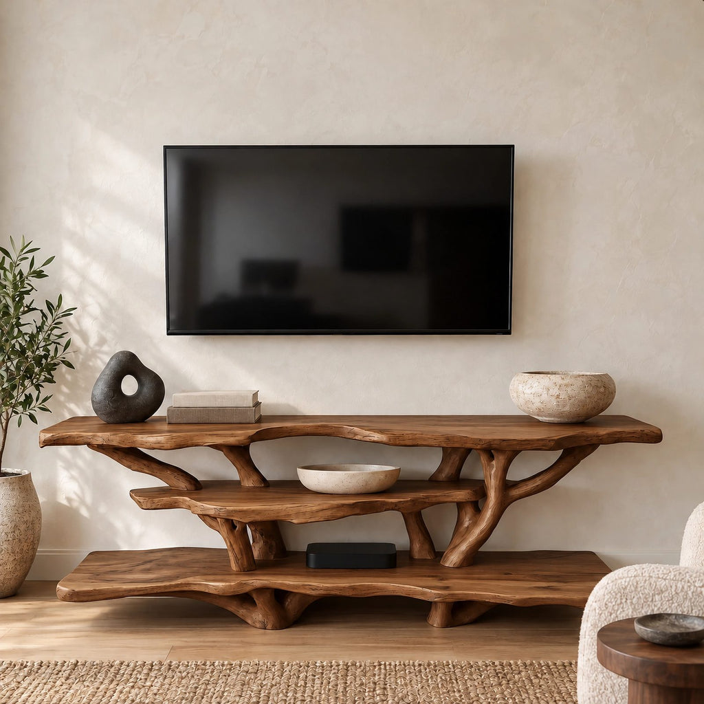 Sculptural Tree Branch TV Console With Open Shelf For Living Room