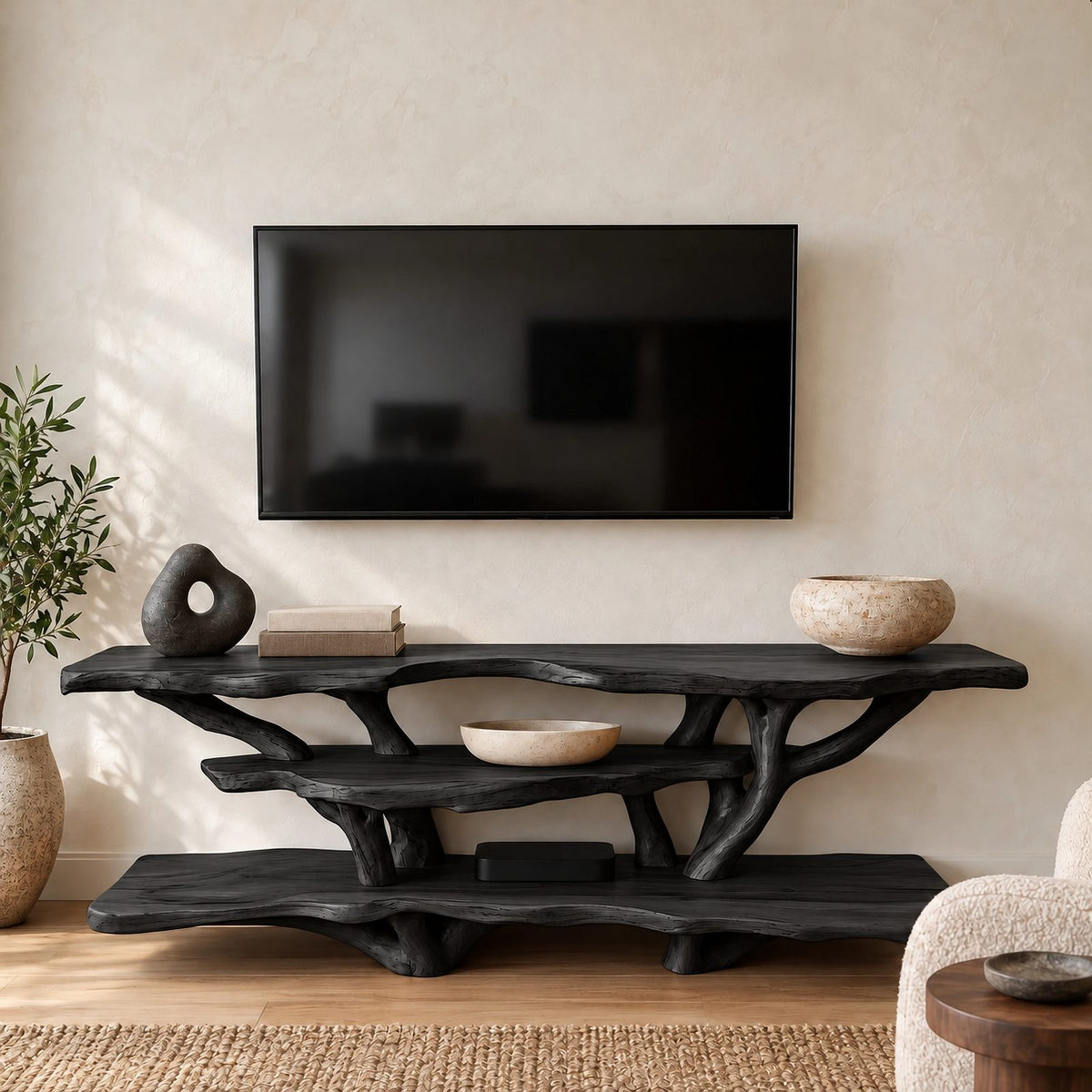 Sculptural Tree Branch TV Console With Open Shelf For Living Room
