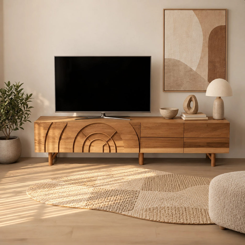 Handcrafted Carved Arch TV Console With 2 Drawers For Living Room