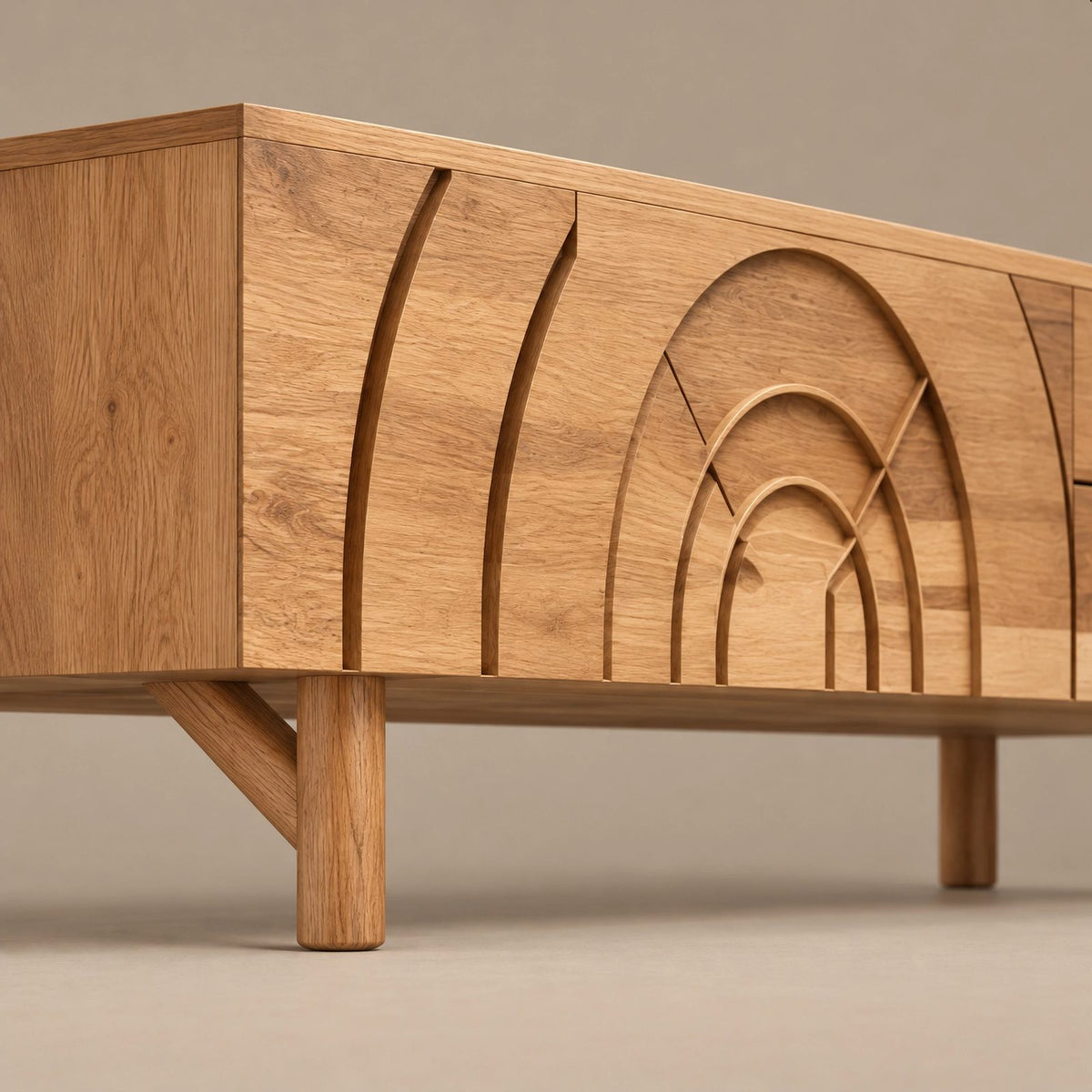 Handcrafted Carved Arch TV Console With 2 Drawers For Living Room