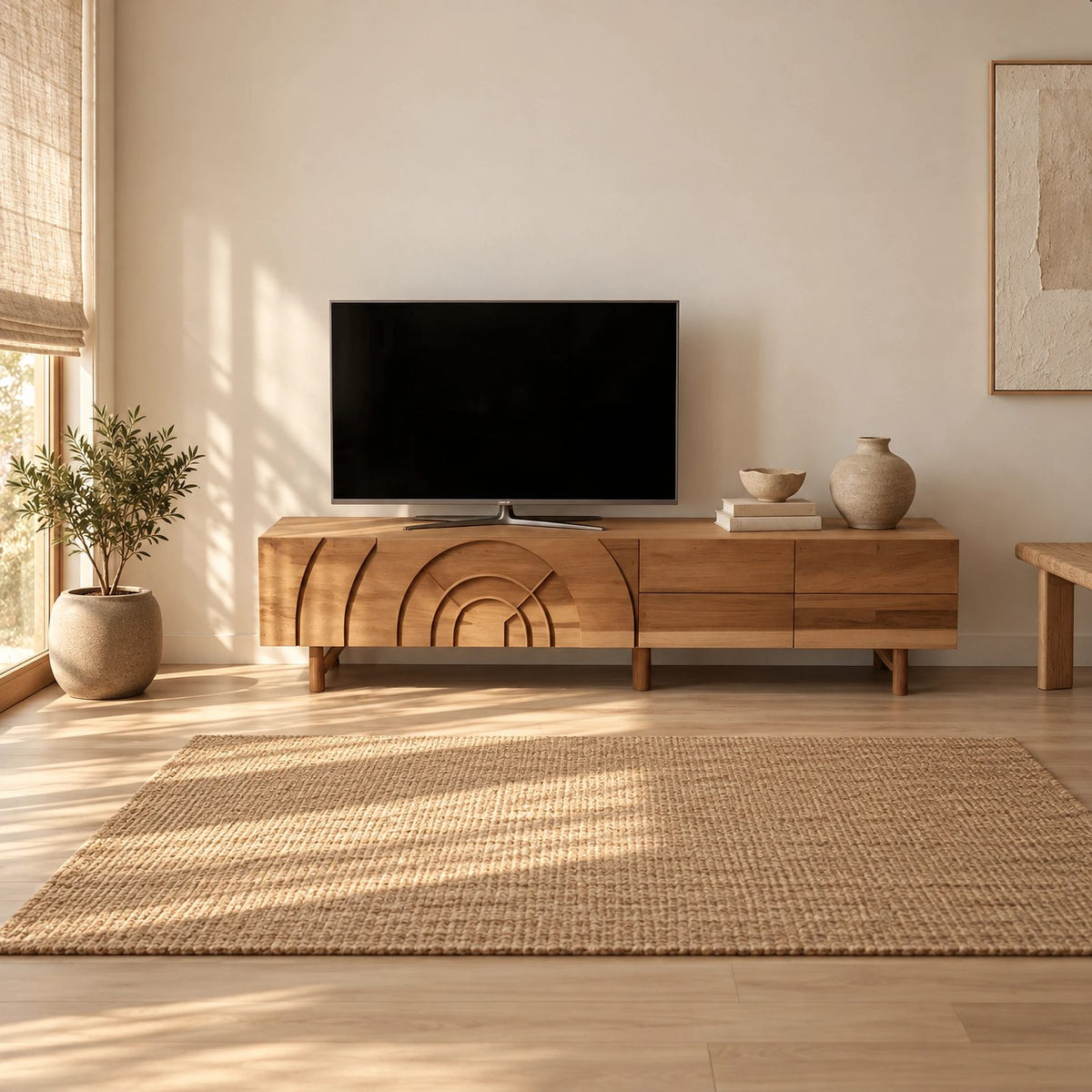 Handcrafted Carved Arch TV Console With 2 Drawers For Living Room