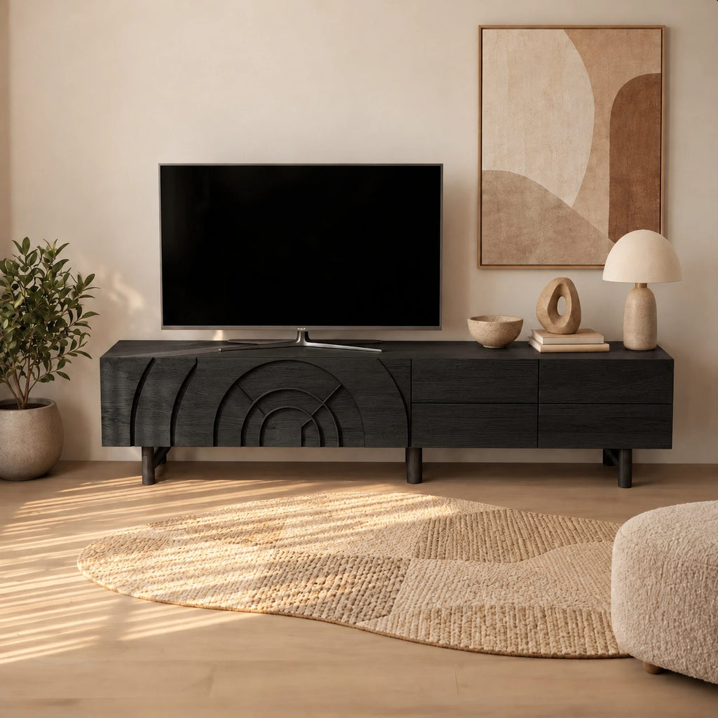 Handcrafted Carved Arch TV Console With 2 Drawers For Living Room