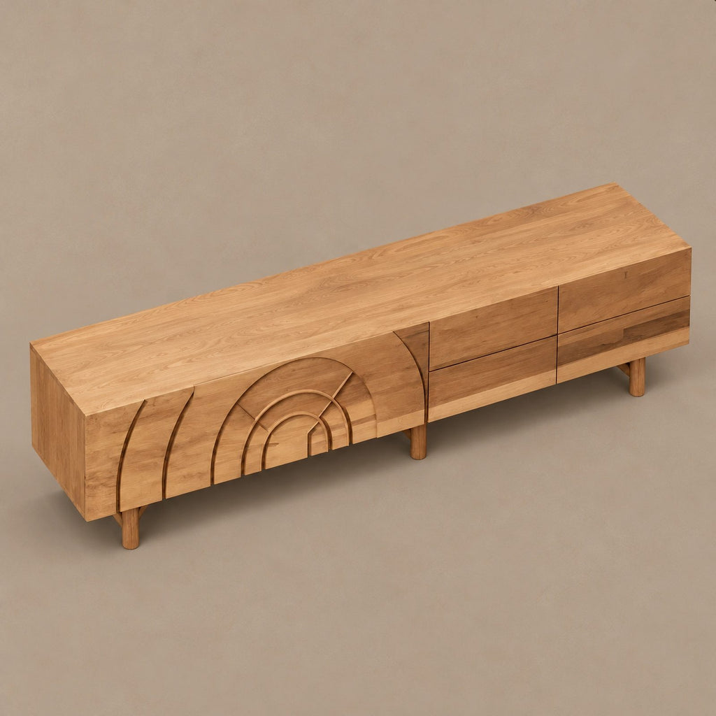 Handcrafted Carved Arch TV Console With 2 Drawers For Living Room