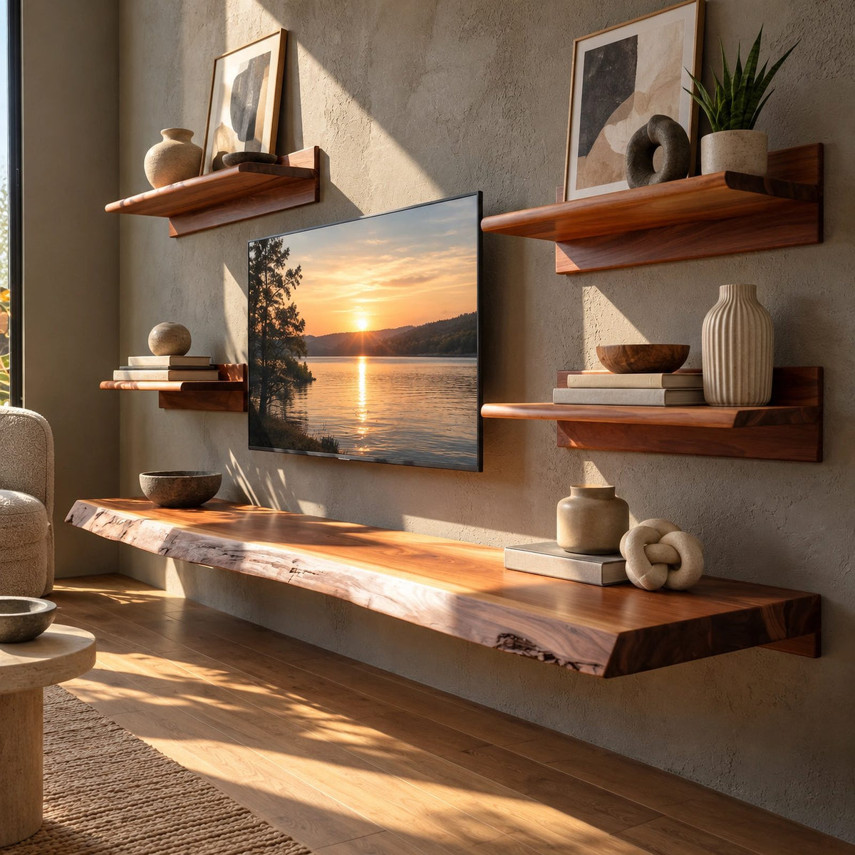 Minimalist Live Edge Floating TV Stand For Living Room