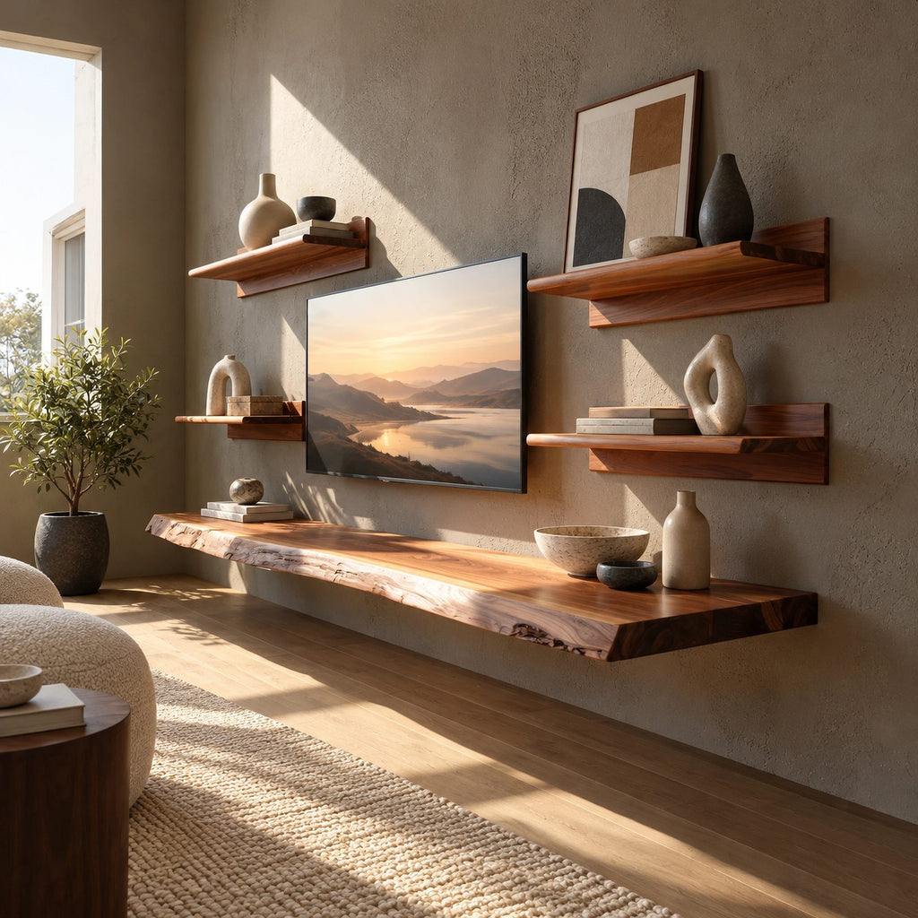 Minimalist Live Edge Floating TV Stand For Living Room
