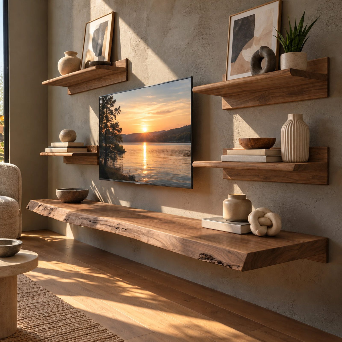Minimalist Live Edge Floating TV Stand For Living Room