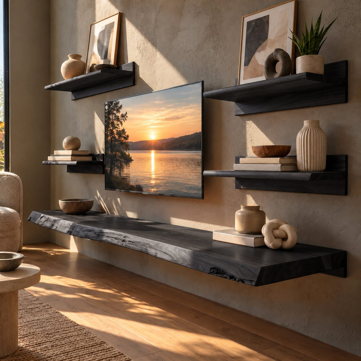 Minimalist Live Edge Floating TV Stand For Living Room