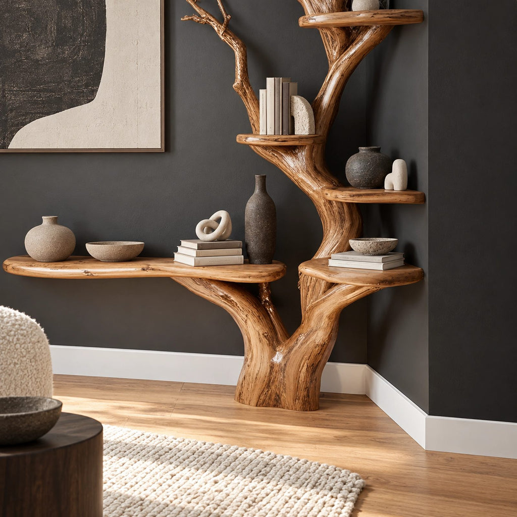Rustic Tree Branch Bookshelf TV Stand For Living Room