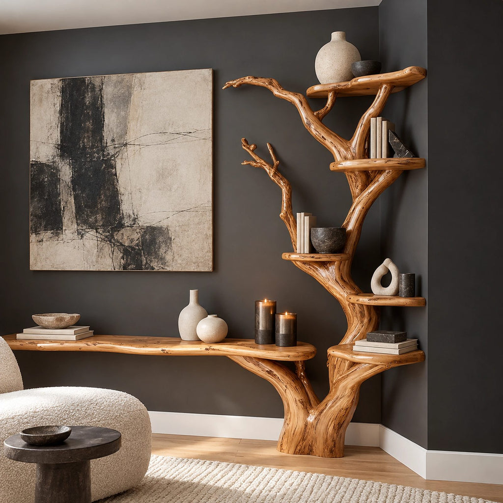 Rustic Tree Branch Bookshelf TV Stand For Living Room
