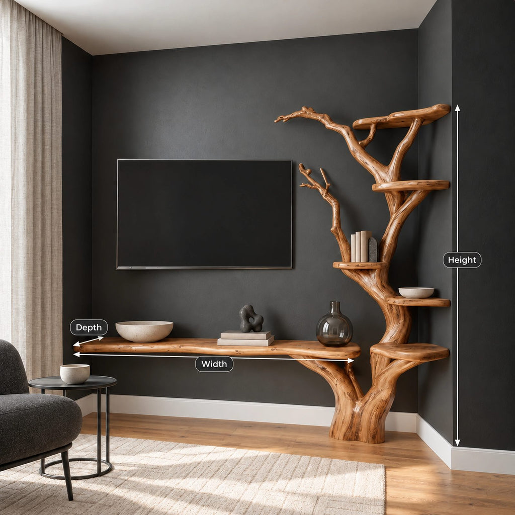 Rustic Tree Branch Bookshelf TV Stand For Living Room