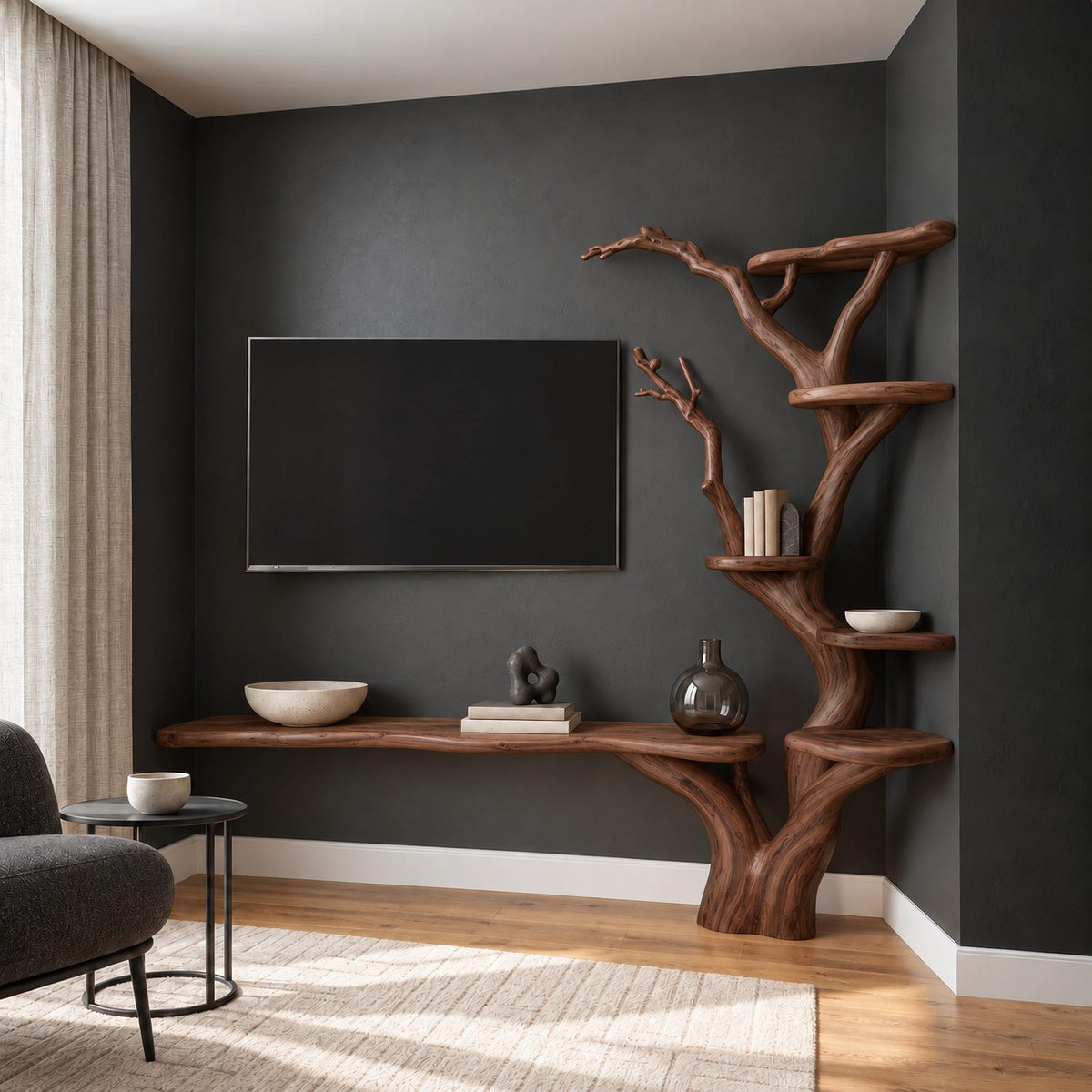 Rustic Tree Branch Bookshelf TV Stand For Living Room